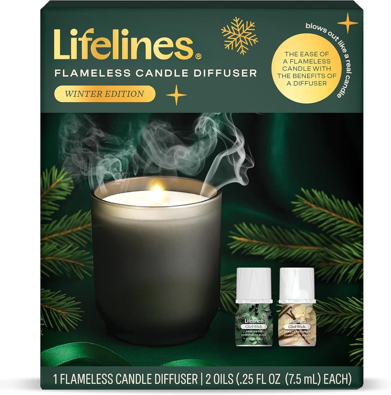 LifeLines Flameless Candle Diffuser - Winter Edition Gift Set - Aromatherapy Essential Oil Diffuser with 2 Holiday ClickWick Blends - Cordless & Waterless for Home - Electric Candles Blow Out Flame - Image 1